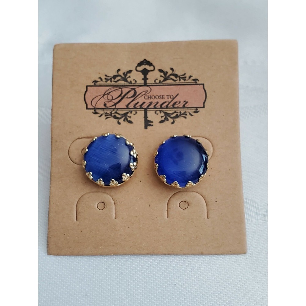 Plunder Design Blue Round Gemstone Post Earrings 1/2" diameter Gold tone setting